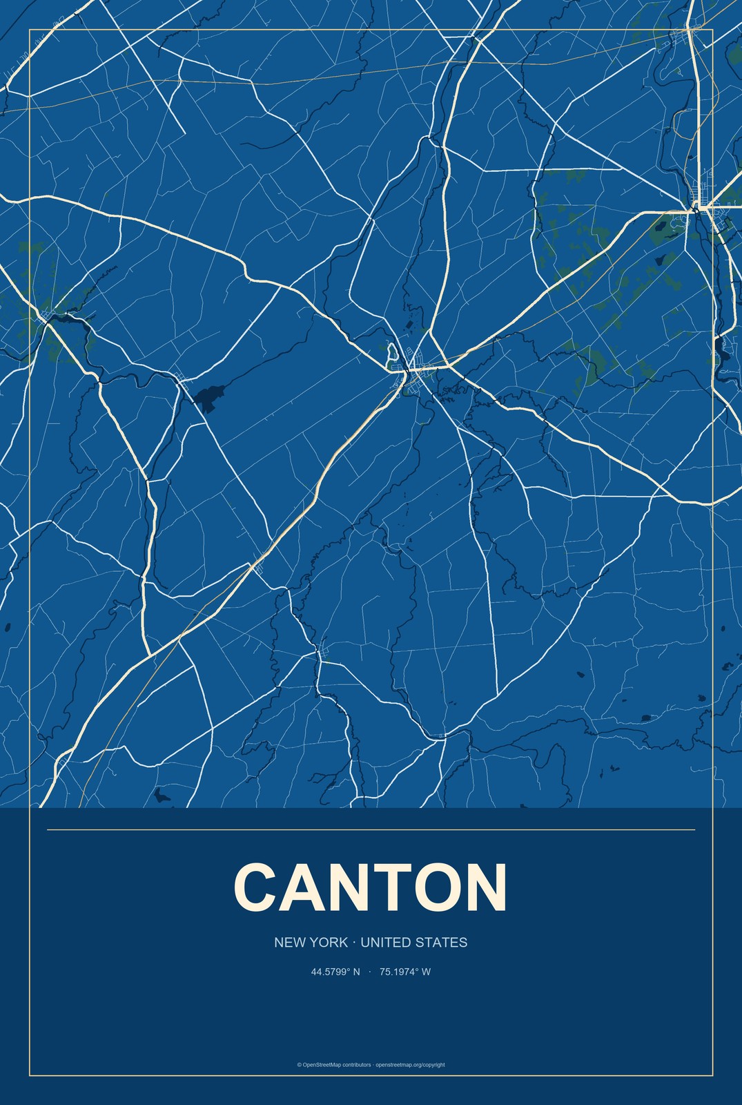 Canton, New York City Map Aluminum Sign in Harbor Cobalt style