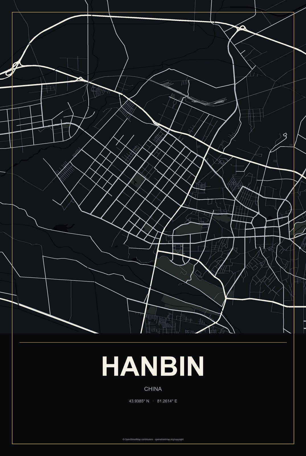 Hanbin, China City Map Aluminum Sign in Metropolitan Noir style