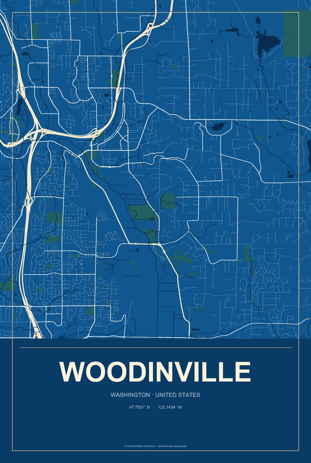 Woodinville, Washington City Map Aluminum Sign in Harbor Cobalt style