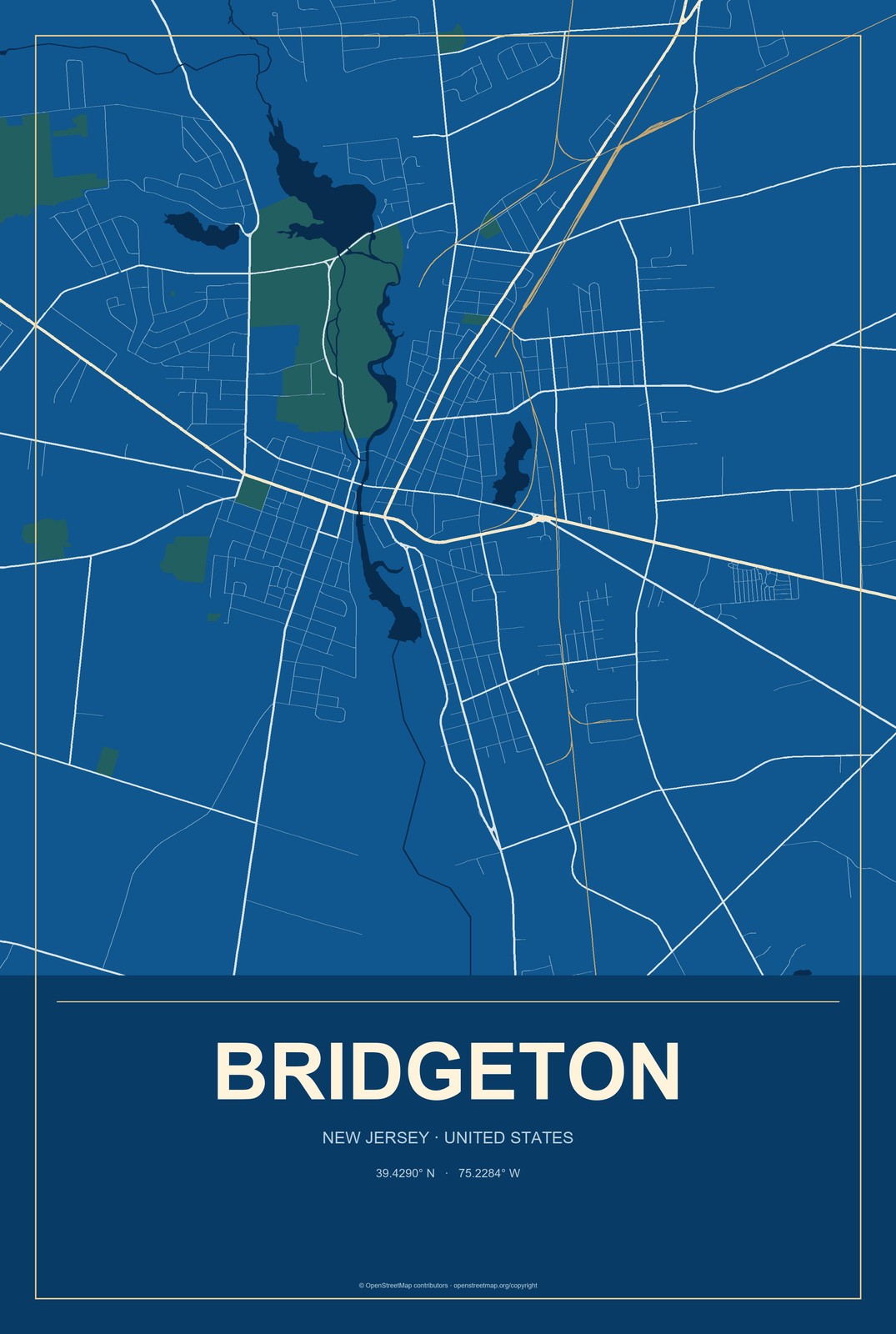 Bridgeton, New Jersey City Map Aluminum Sign in Harbor Cobalt style