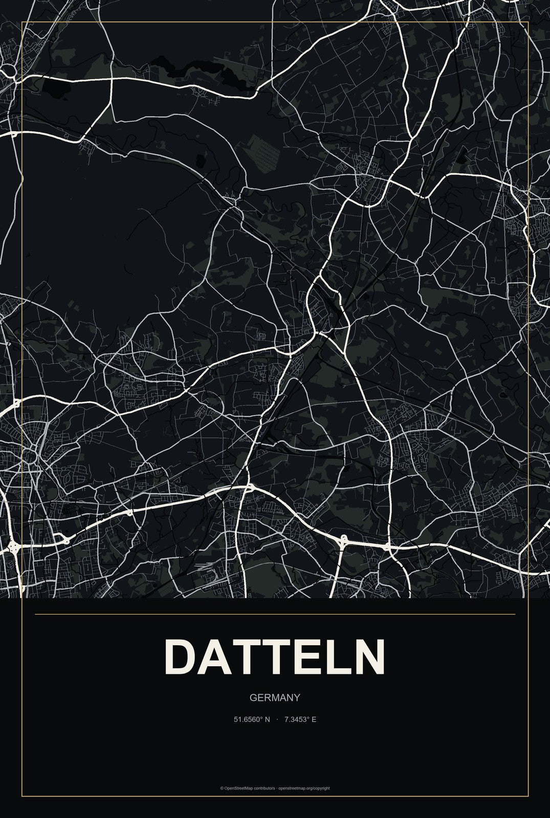 Datteln, Germany City Map Aluminum Sign in Metropolitan Noir style