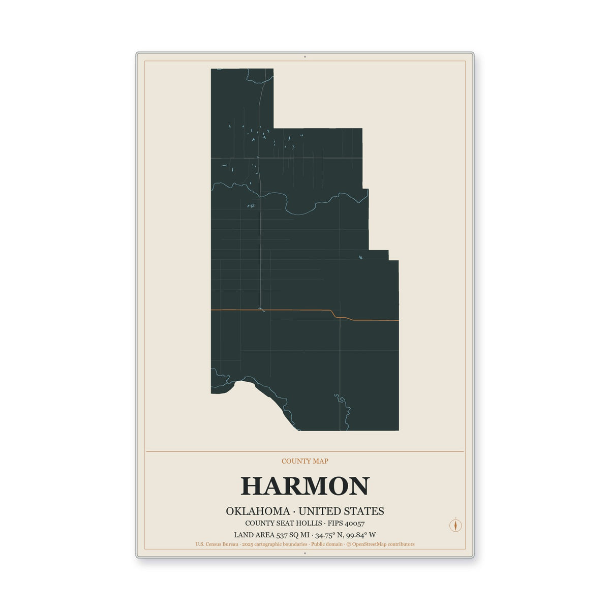 Harmon County, Oklahoma Map Aluminum Sign in Headline Atlas style