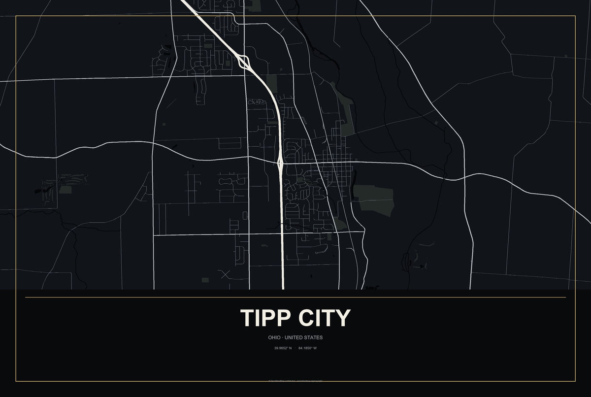 Tipp City, Ohio City Map Aluminum Sign in Metropolitan Noir style