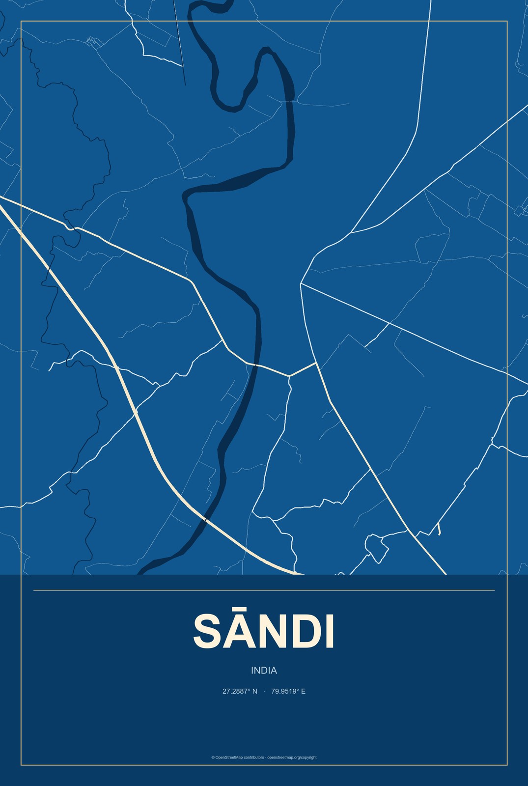 Sāndi, India City Map Aluminum Sign in Harbor Cobalt style