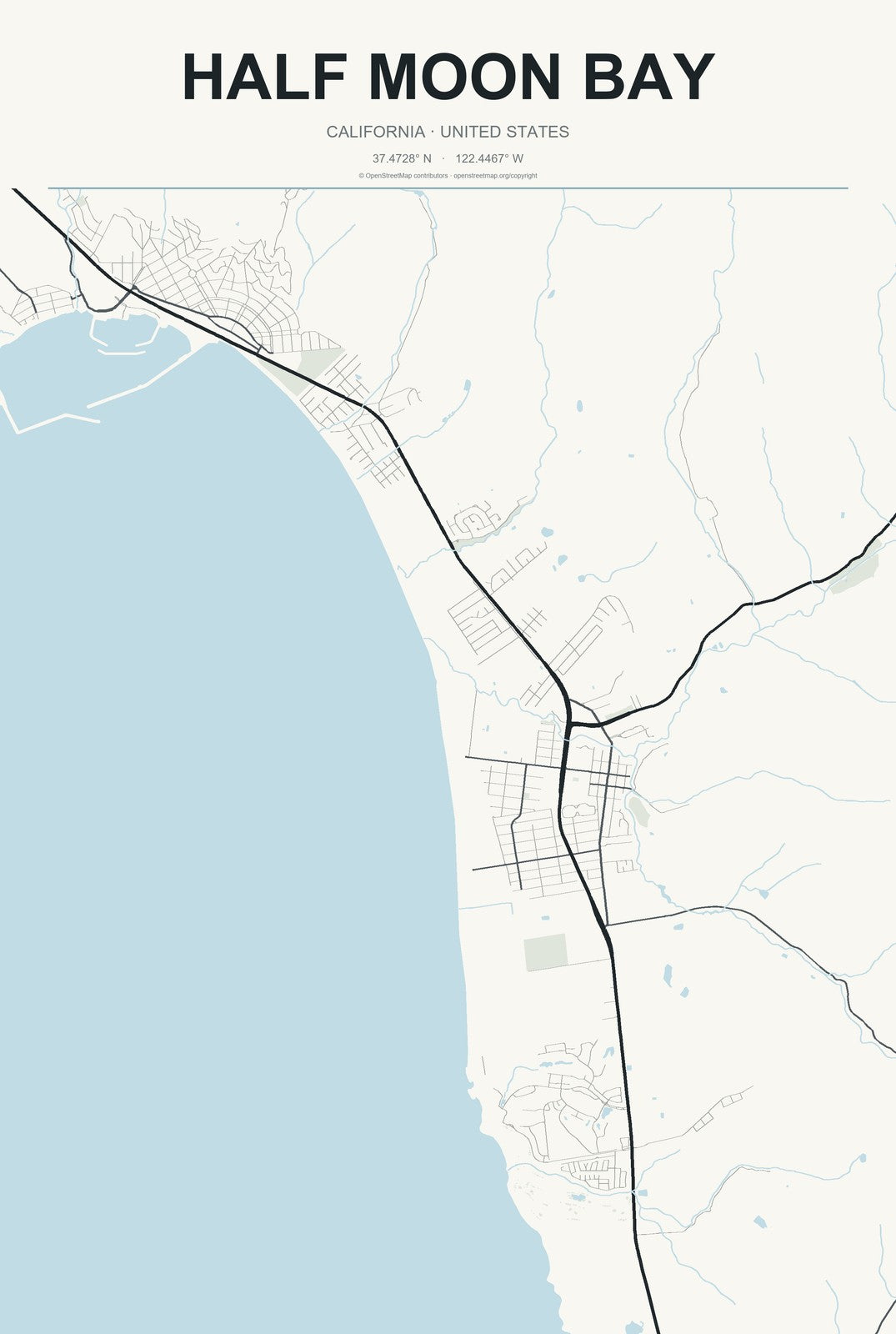 Half Moon Bay, California City Map Aluminum Sign in Headline Atlas style