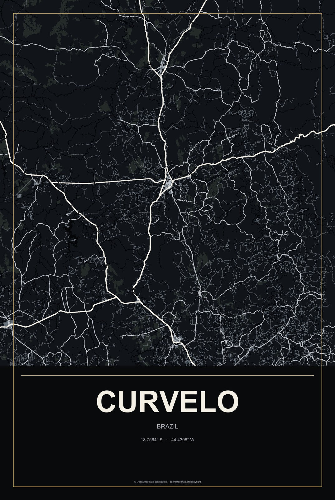 Curvelo, Brazil City Map Aluminum Sign in Metropolitan Noir style