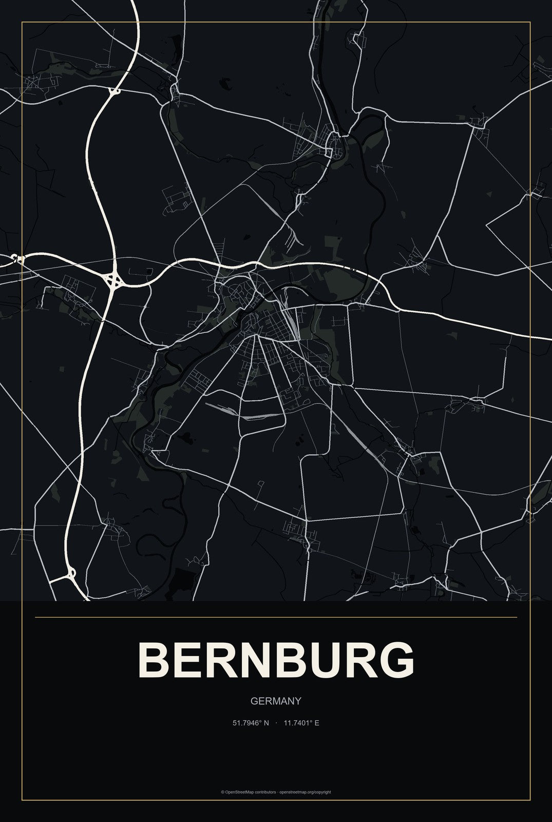 Bernburg, Germany City Map Aluminum Sign in Metropolitan Noir style