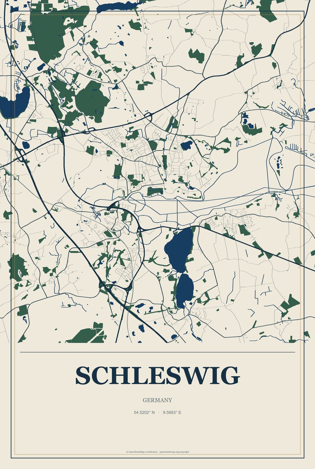 Schleswig, Germany City Map Aluminum Sign in Coastal Cutout style