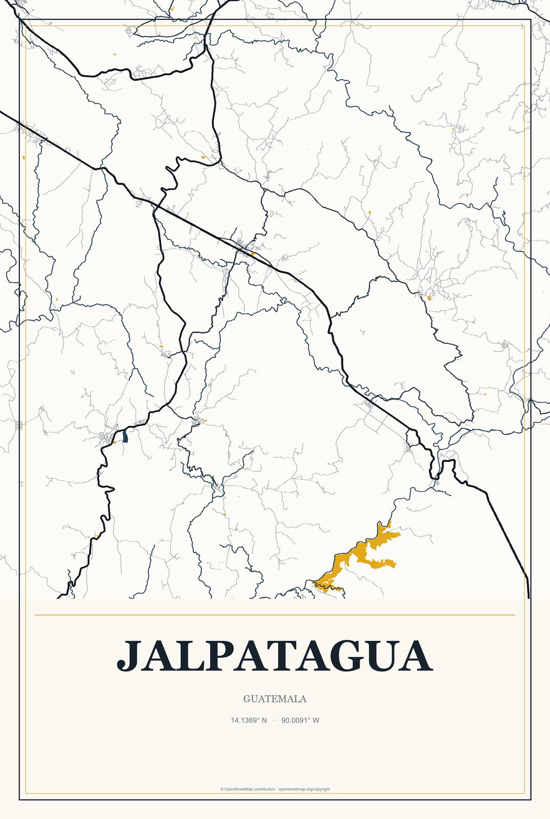 Jalpatagua, Guatemala City Map Aluminum Sign in Citrine Modern style
