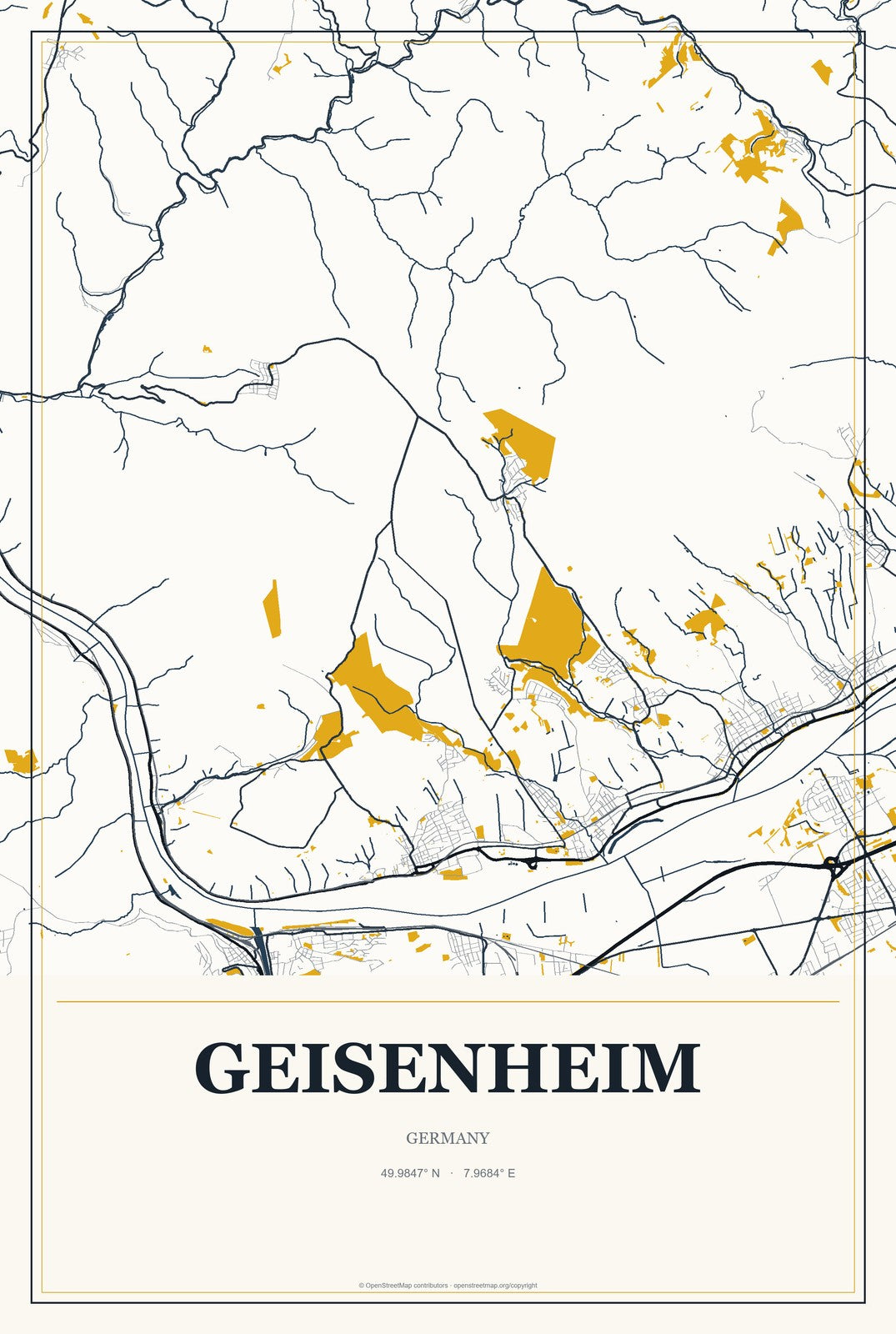 Geisenheim, Germany City Map Aluminum Sign in Citrine Modern style