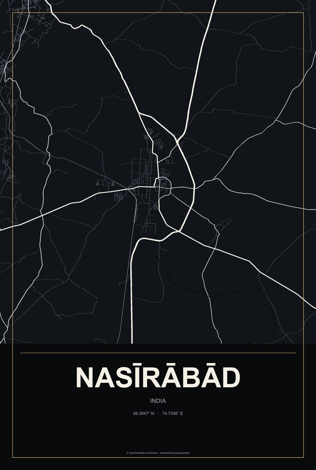 Nasīrābād, India City Map Aluminum Sign in Metropolitan Noir style