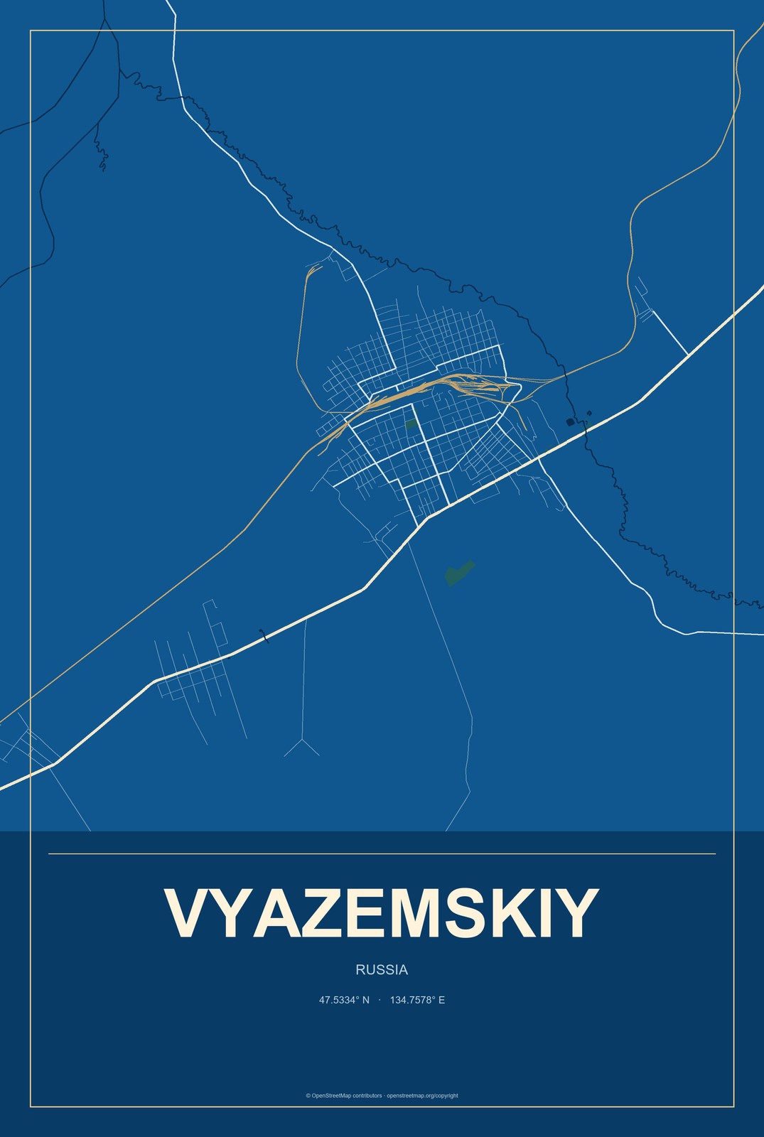 Vyazemskiy, Russia City Map Aluminum Sign in Harbor Cobalt style