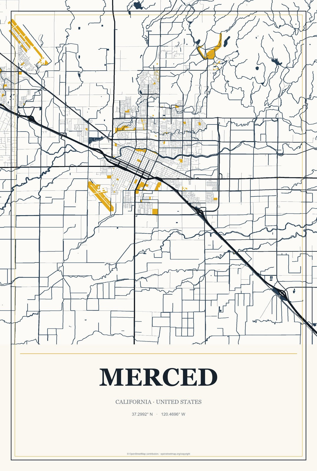 Merced, California City Map Aluminum Sign in Citrine Modern style