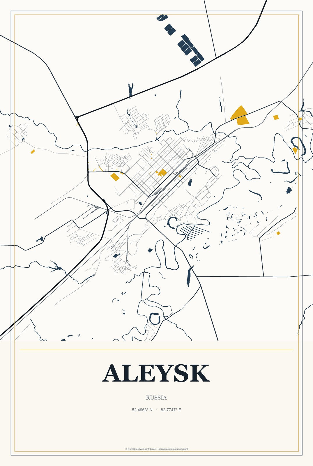 Aleysk, Russia City Map Aluminum Sign in Citrine Modern style