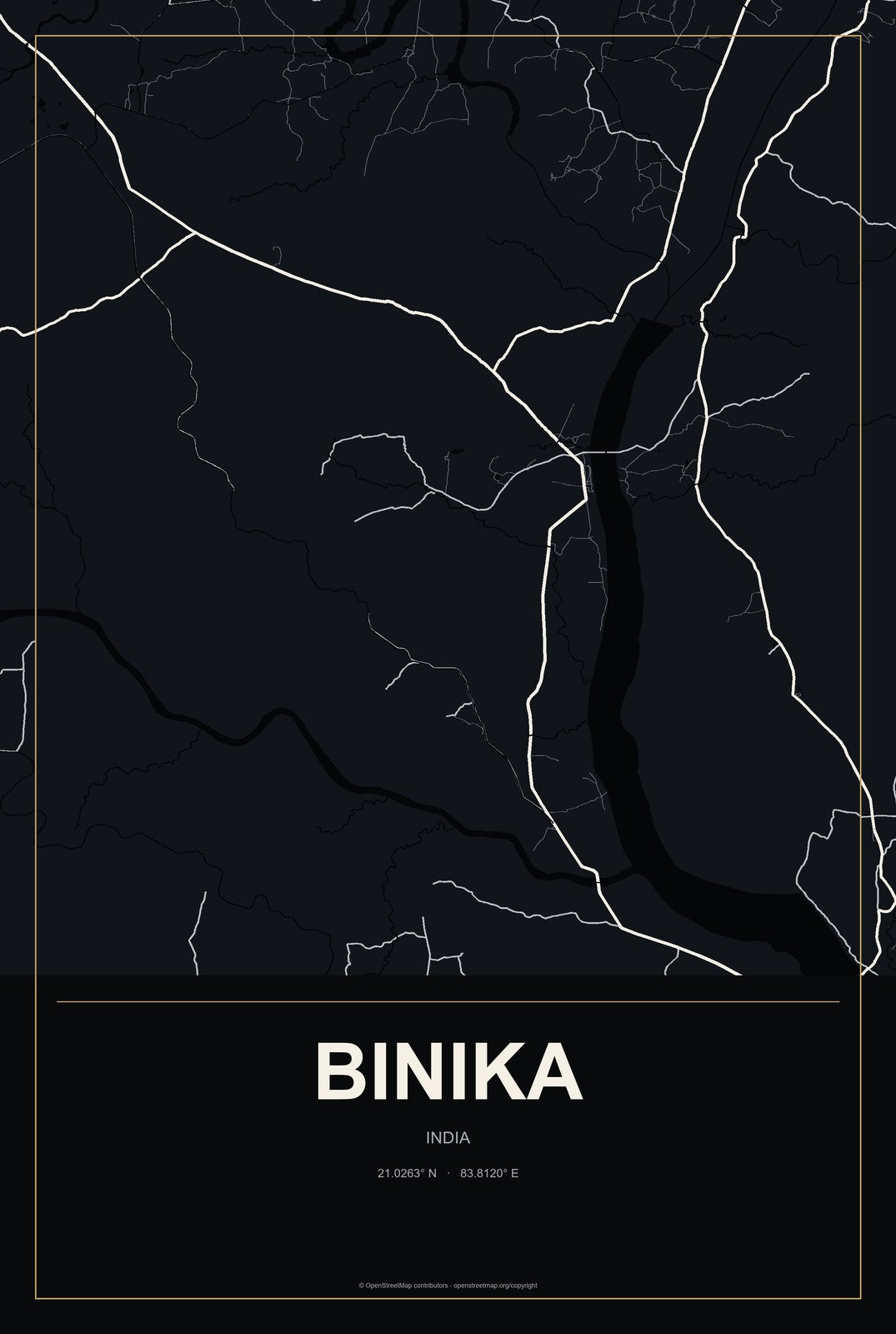Binika, India City Map Aluminum Sign in Metropolitan Noir style