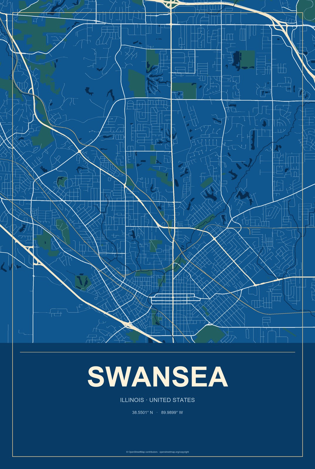 Swansea, Illinois City Map Aluminum Sign in Harbor Cobalt style