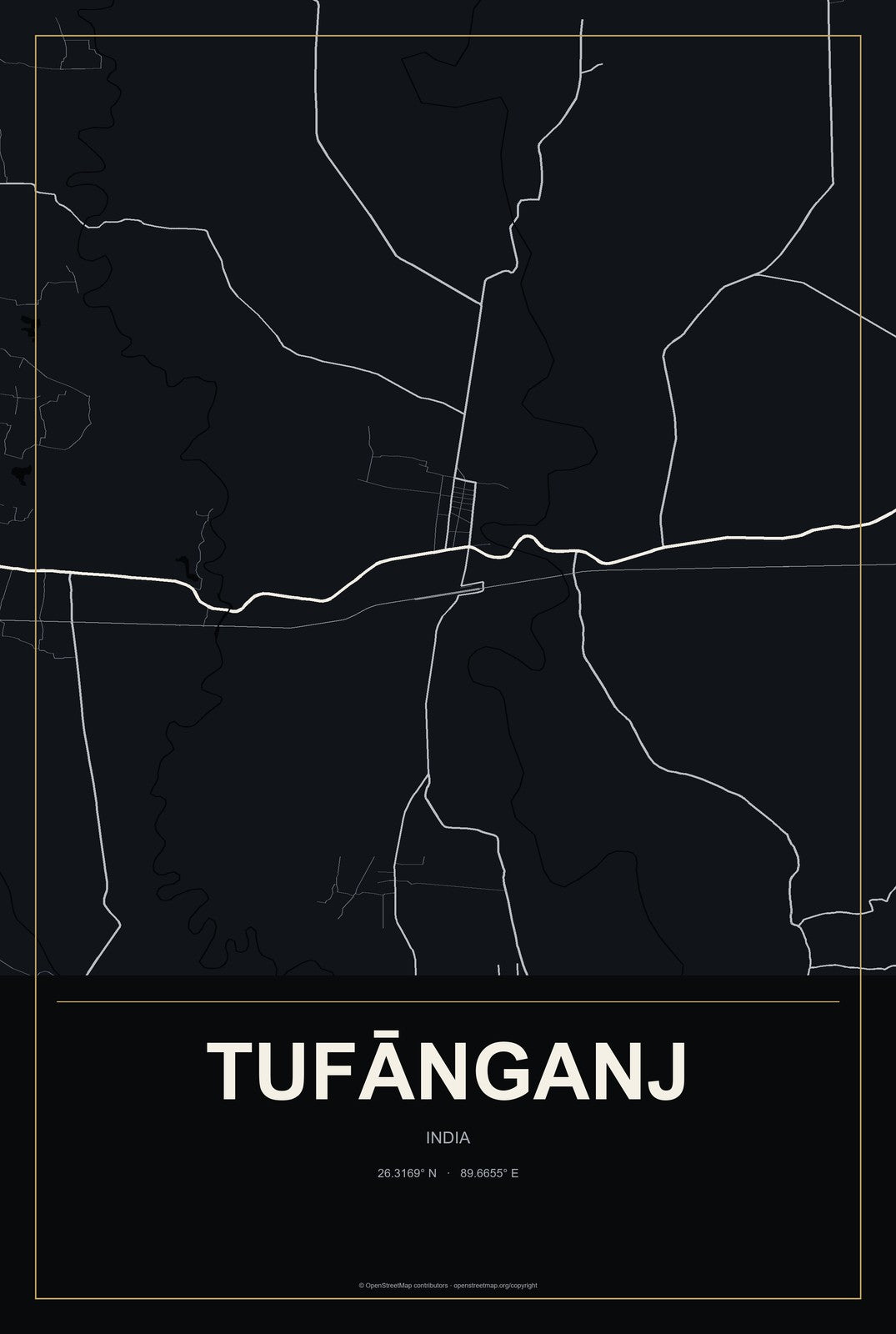 Tufānganj, India City Map Aluminum Sign in Metropolitan Noir style