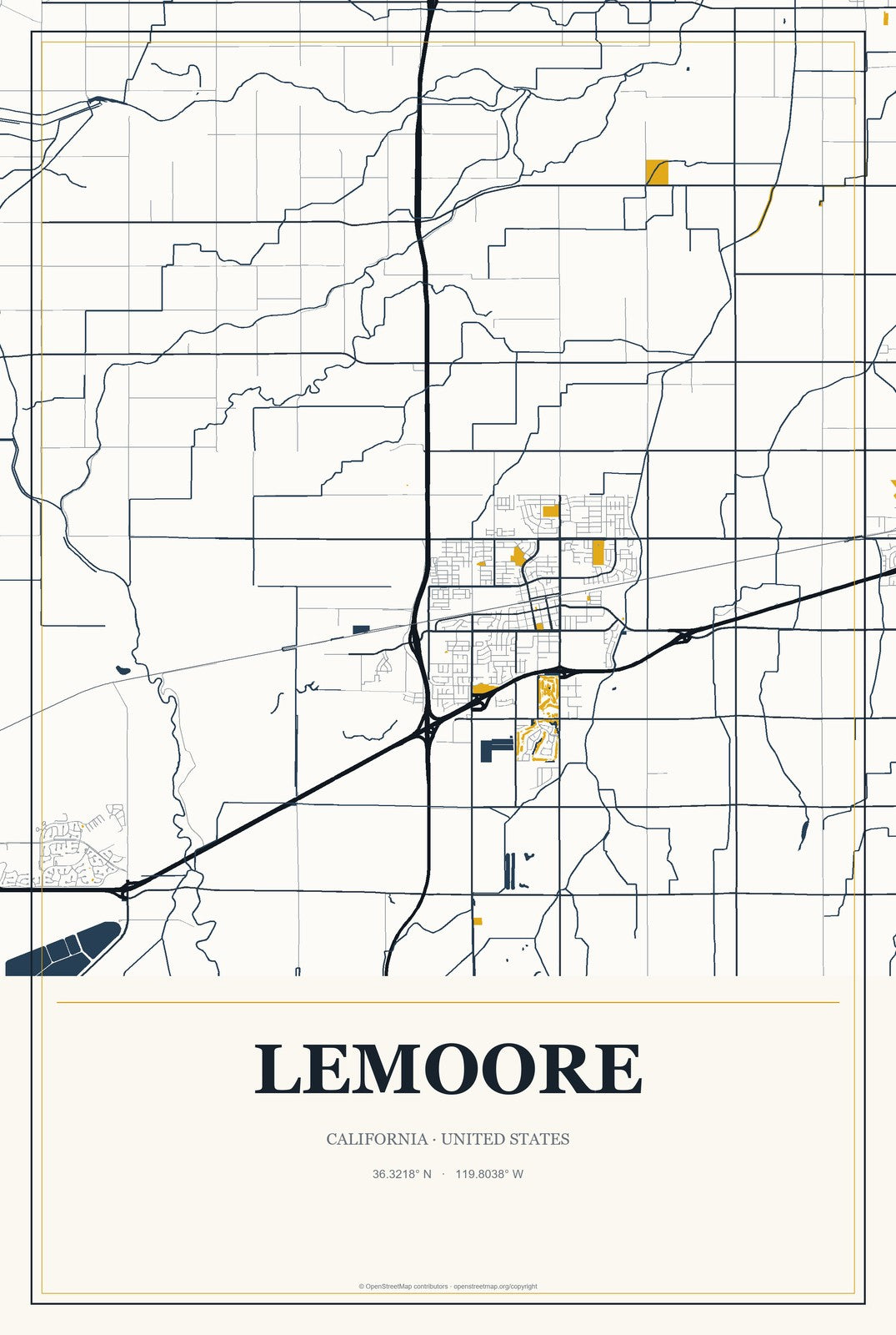 Lemoore, California City Map Aluminum Sign in Citrine Modern style