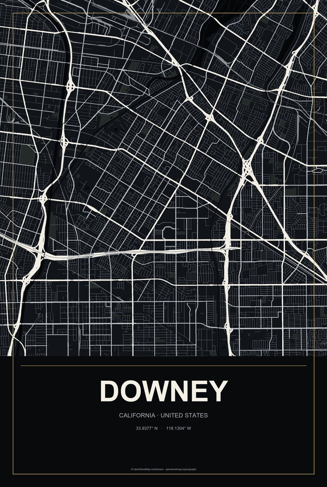 Downey, California City Map Aluminum Sign in Metropolitan Noir style