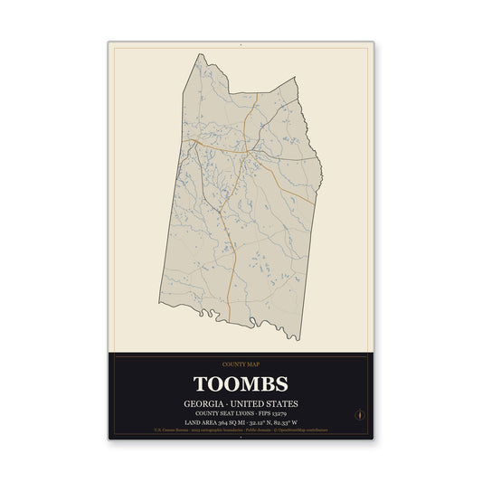 Toombs County, Georgia Map Aluminum Sign in Museum Plaque style
