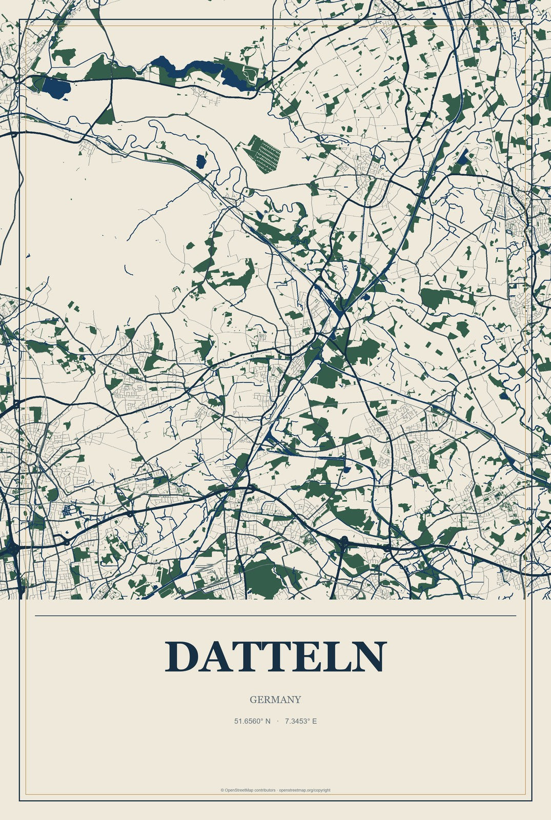 Datteln, Germany City Map Aluminum Sign in Coastal Cutout style
