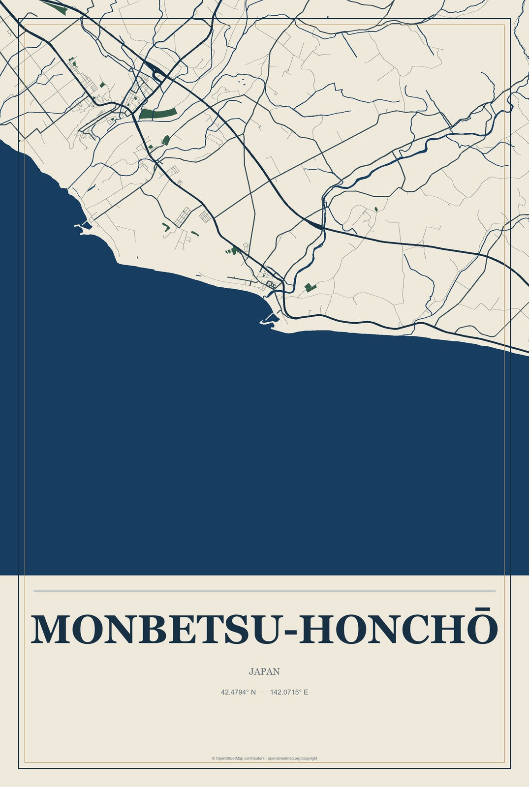 Monbetsu-honchō, Japan City Map Aluminum Sign in Coastal Cutout style