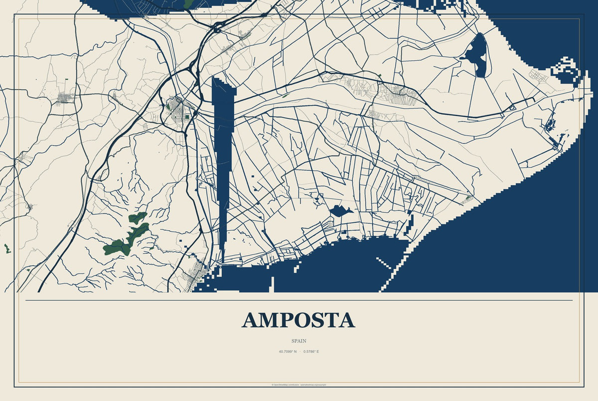 Amposta, Spain City Map Aluminum Sign in Coastal Cutout style