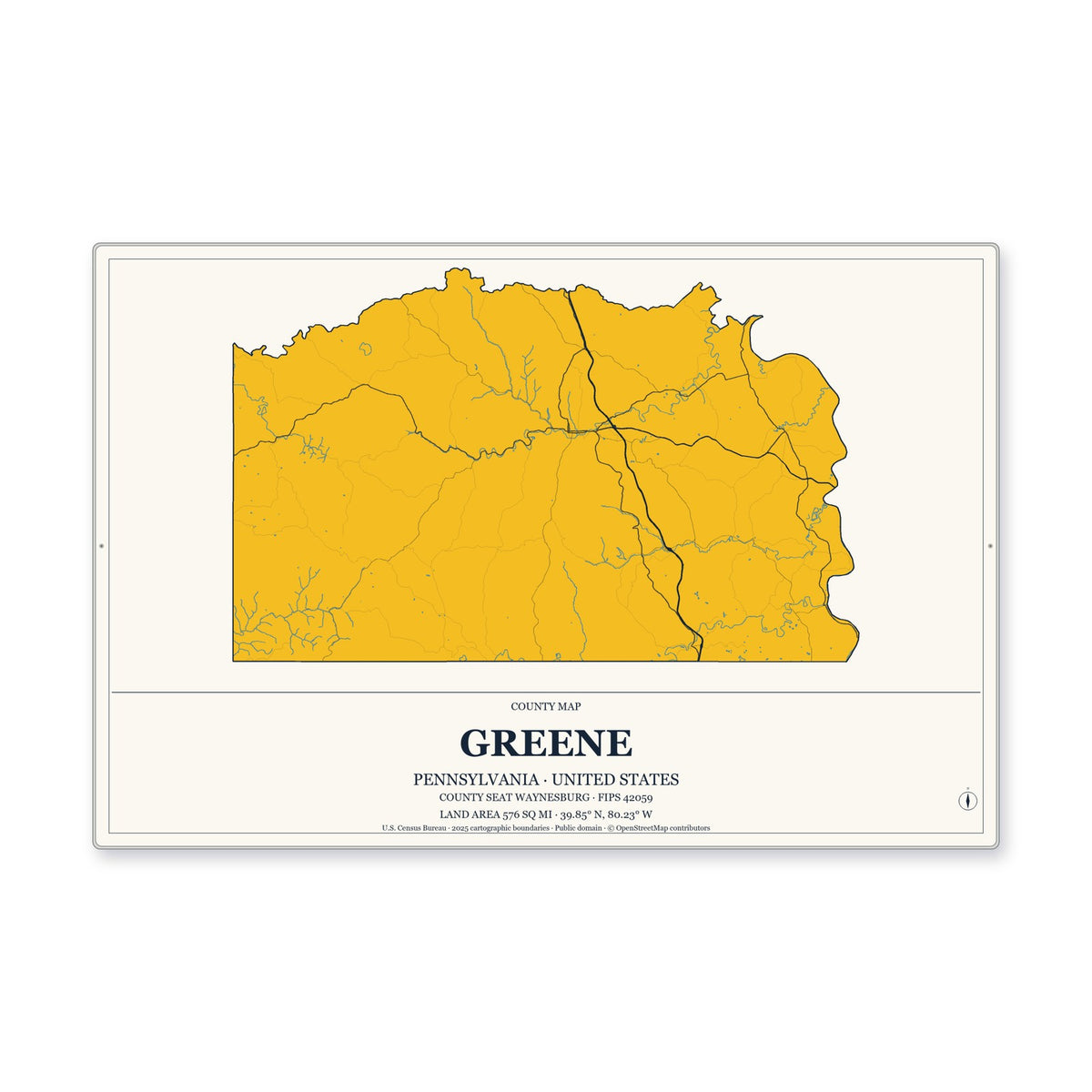 Greene County, Pennsylvania Map Aluminum Sign in Citrine Modern style