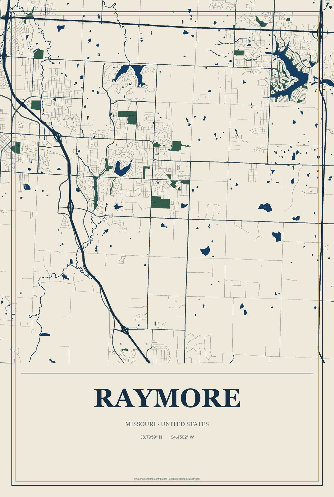 Raymore, Missouri City Map Aluminum Sign in Coastal Cutout style