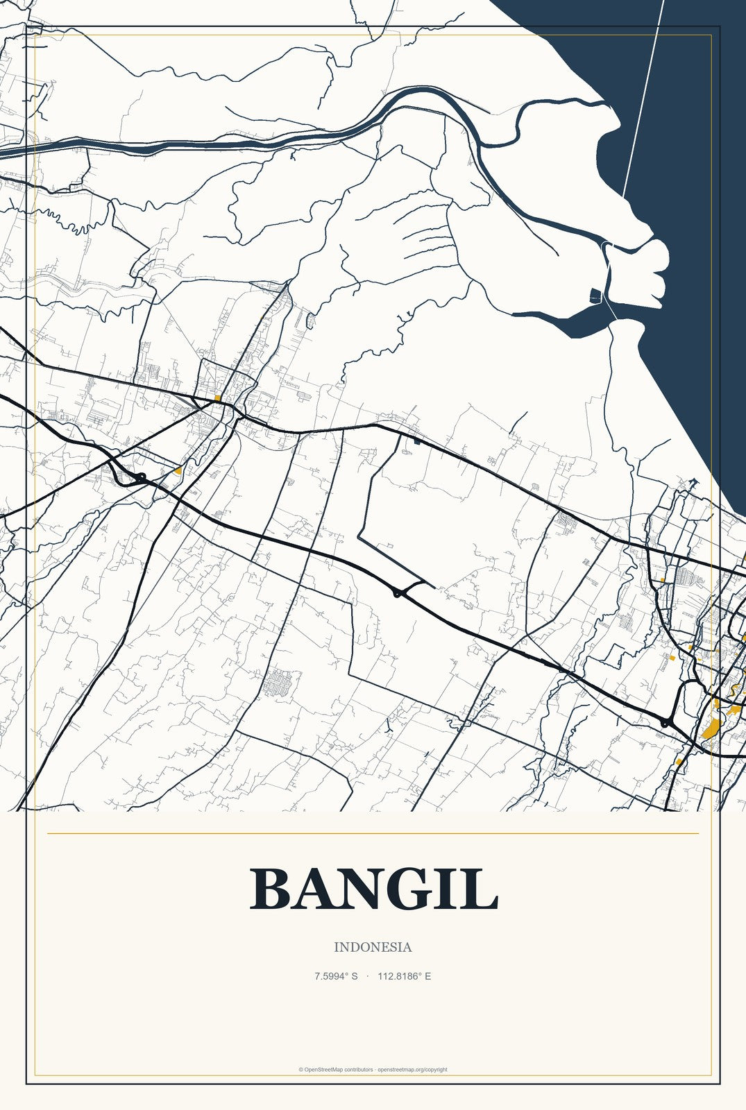 Bangil, Indonesia City Map Aluminum Sign in Citrine Modern style