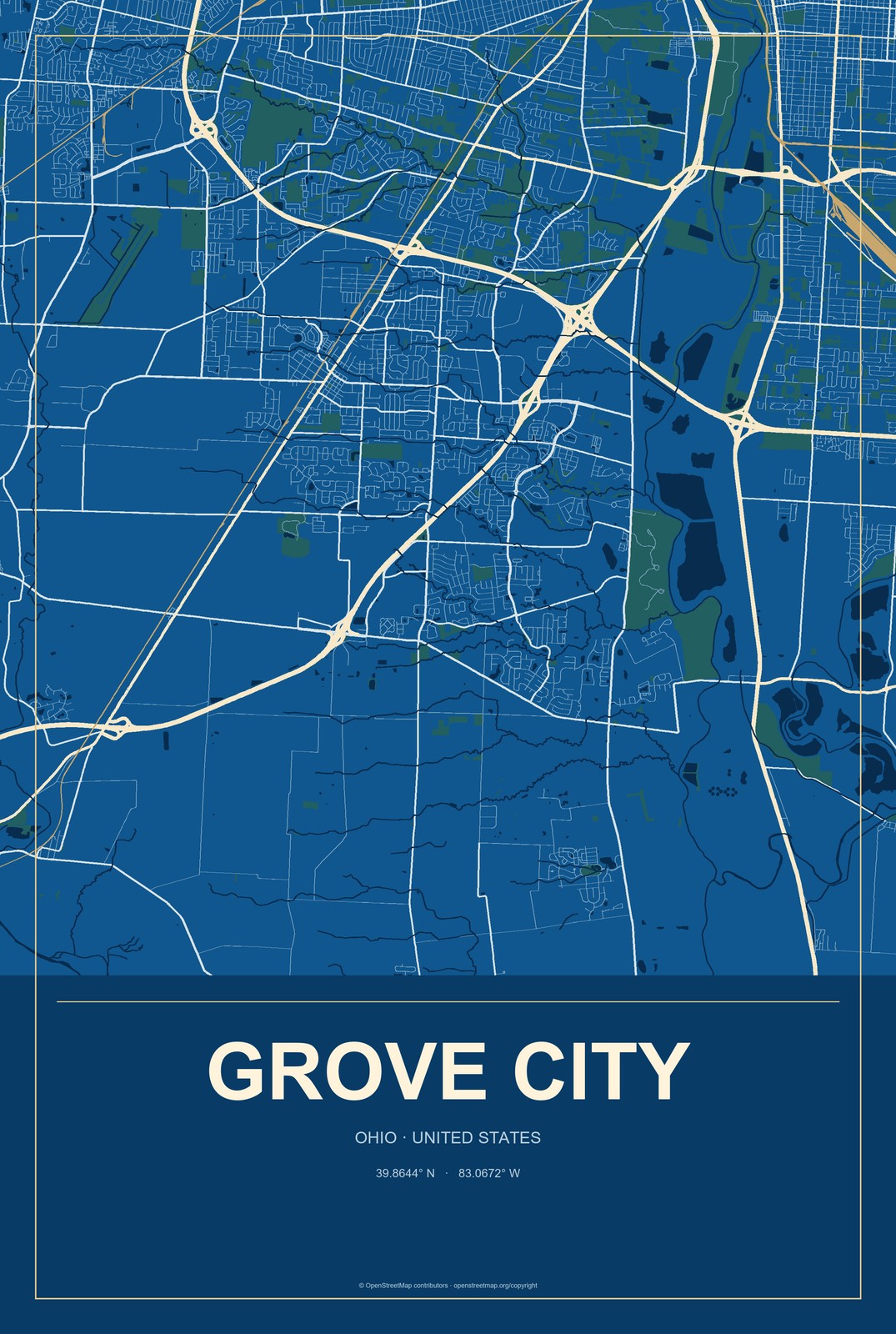 Grove City, Ohio City Map Aluminum Sign in Harbor Cobalt style