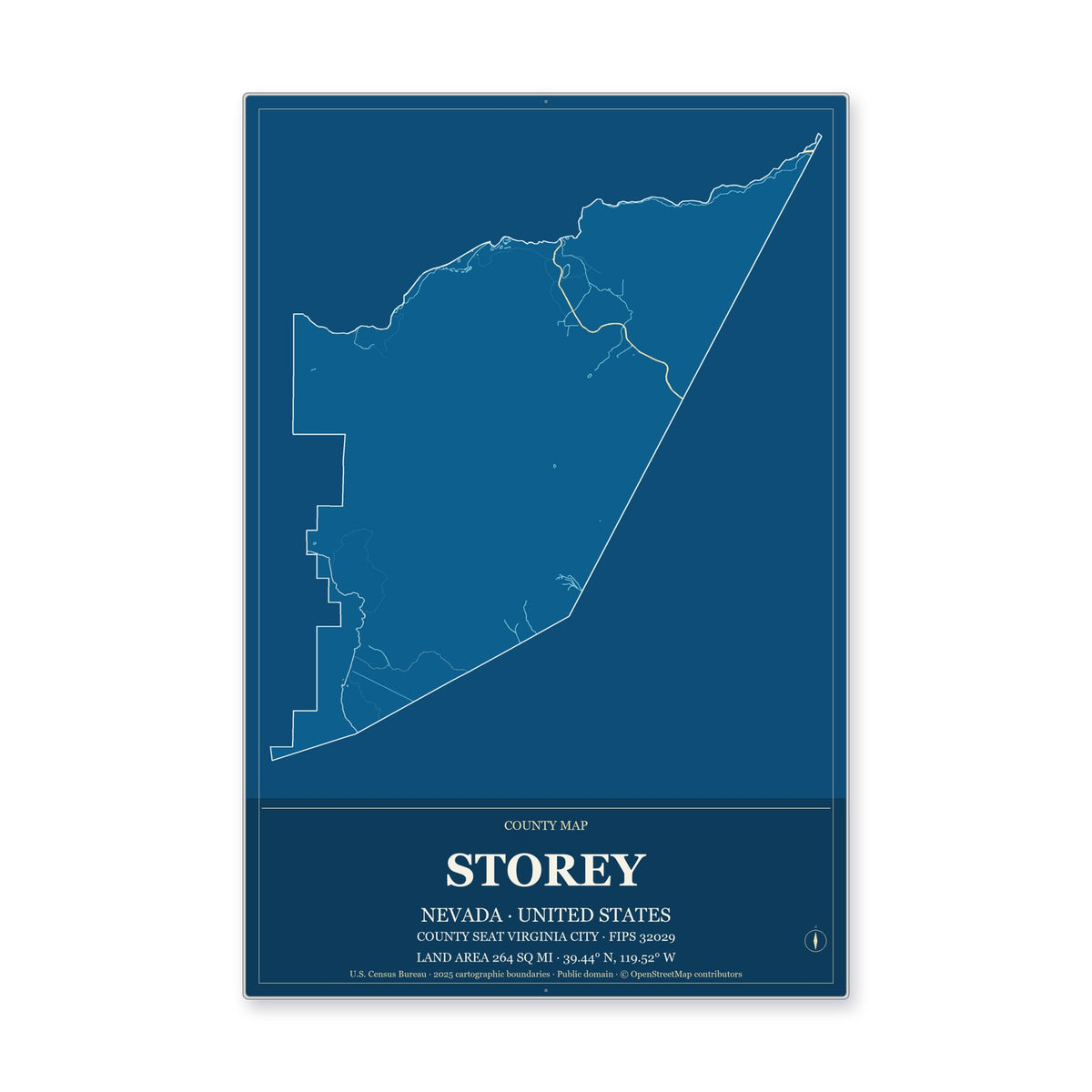 Storey County, Nevada Map Aluminum Sign in Harbor Cobalt style