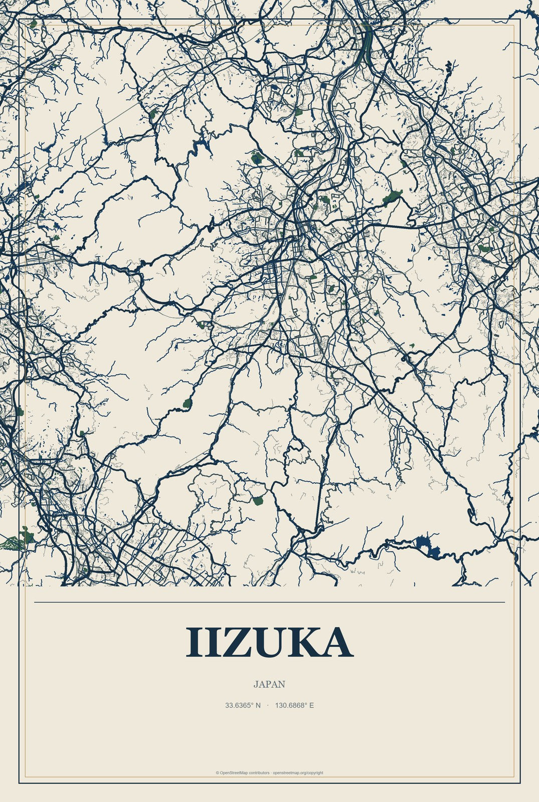 Iizuka, Japan City Map Aluminum Sign in Coastal Cutout style