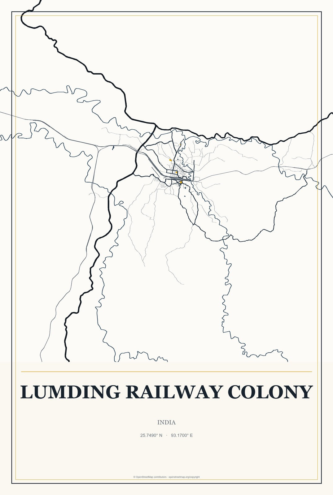 Lumding Railway Colony, India City Map Aluminum Sign in Citrine Modern style
