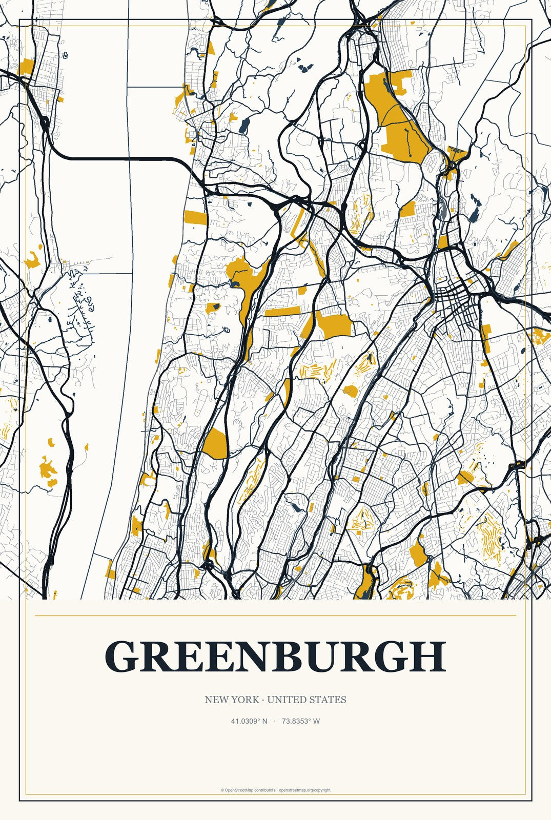 Greenburgh, New York City Map Aluminum Sign in Citrine Modern style