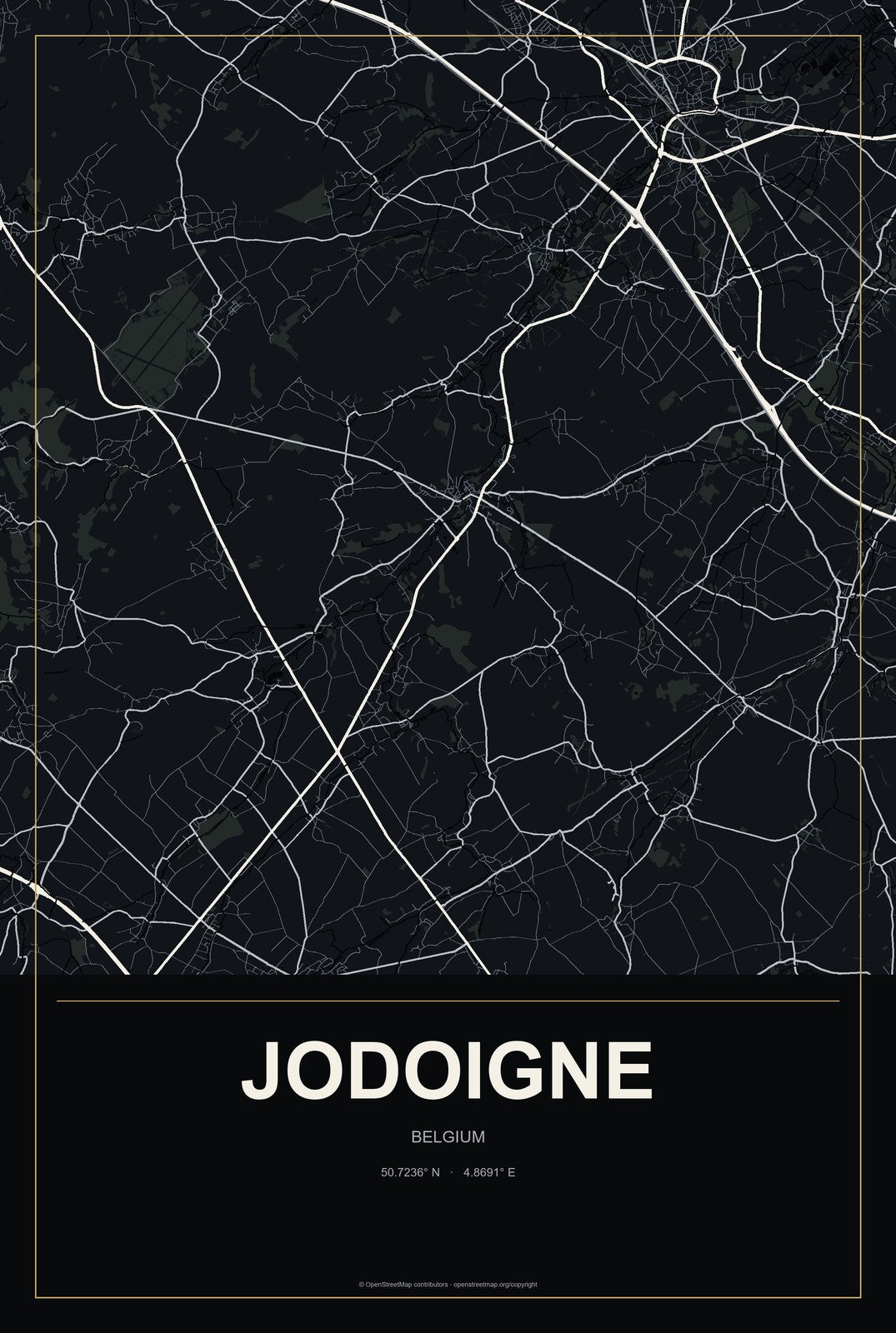 Jodoigne, Belgium City Map Aluminum Sign in Metropolitan Noir style
