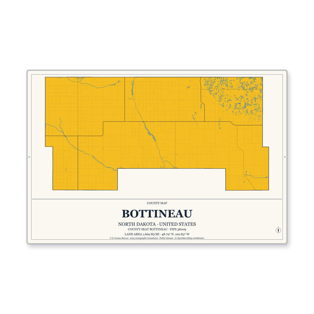 Bottineau County, North Dakota Map Aluminum Sign in Citrine Modern style