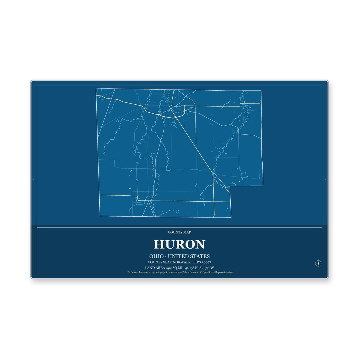 Huron County, Ohio Map Aluminum Sign in Harbor Cobalt style