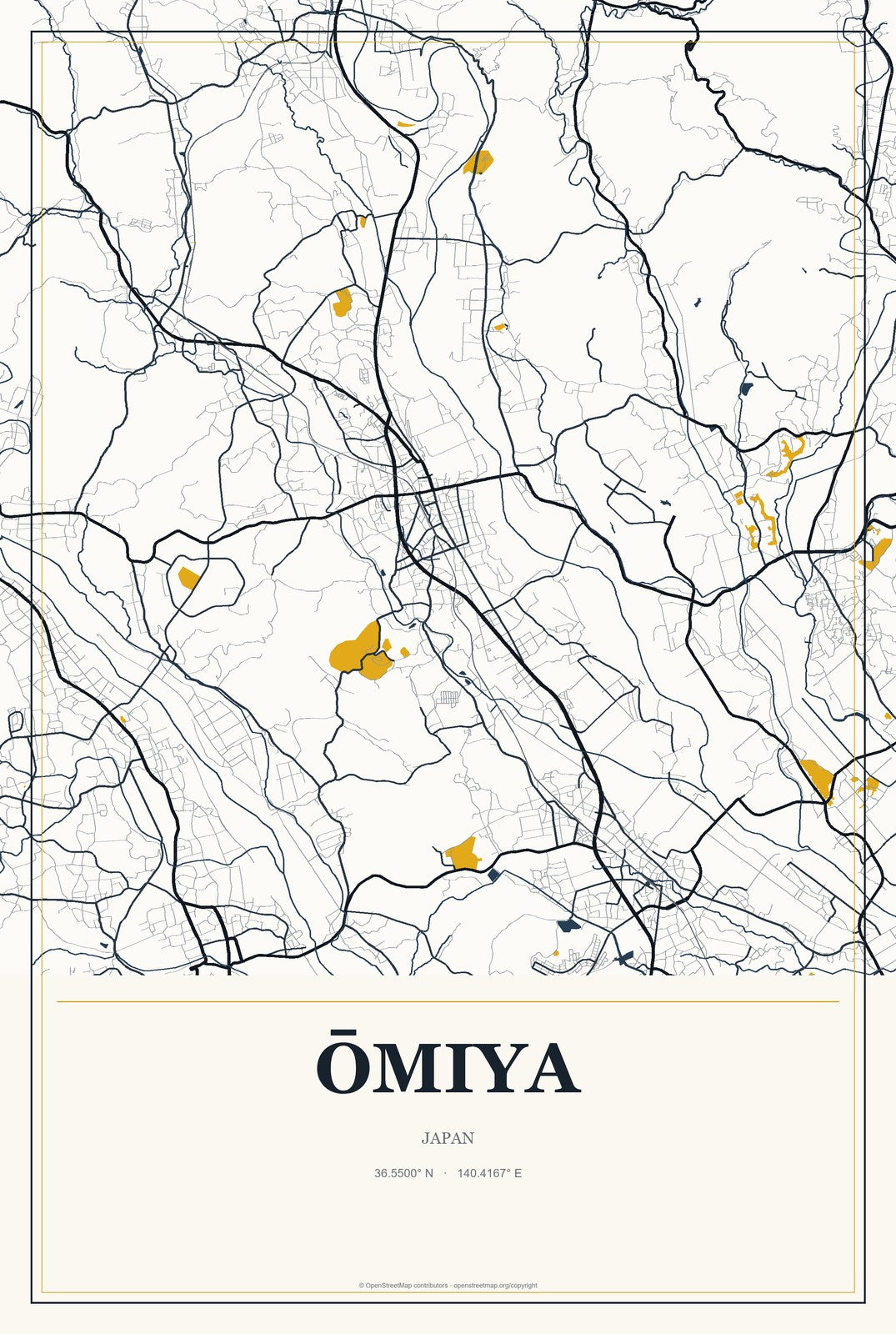 Ōmiya, Ibaraki, Japan City Map Aluminum Sign in Citrine Modern style