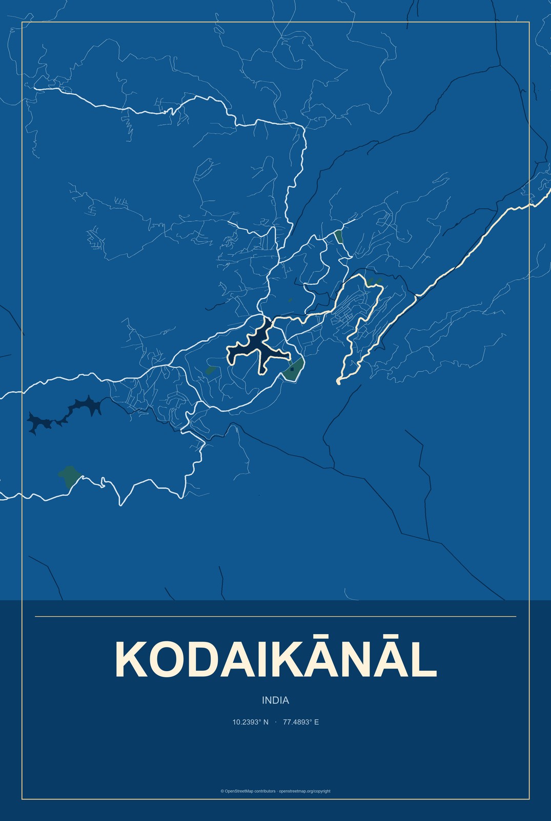 Kodaikānāl, India City Map Aluminum Sign in Harbor Cobalt style
