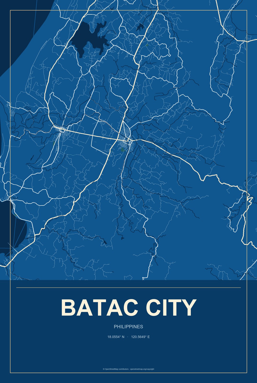 Batac City, Philippines City Map Aluminum Sign in Harbor Cobalt style