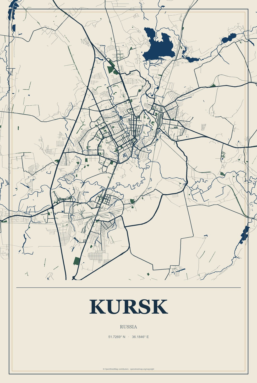 Kursk, Russia City Map Aluminum Sign in Coastal Cutout style