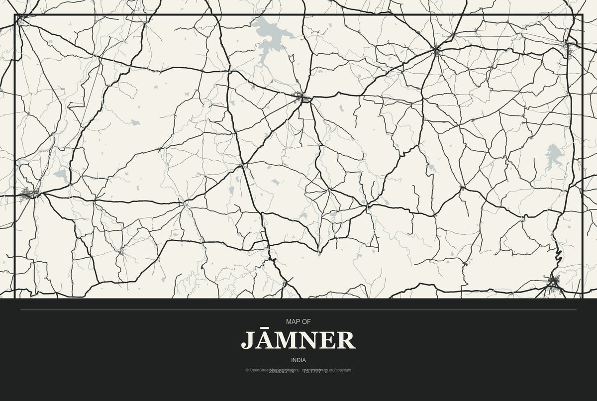 Jāmner, India City Map Aluminum Sign in Museum Plaque style