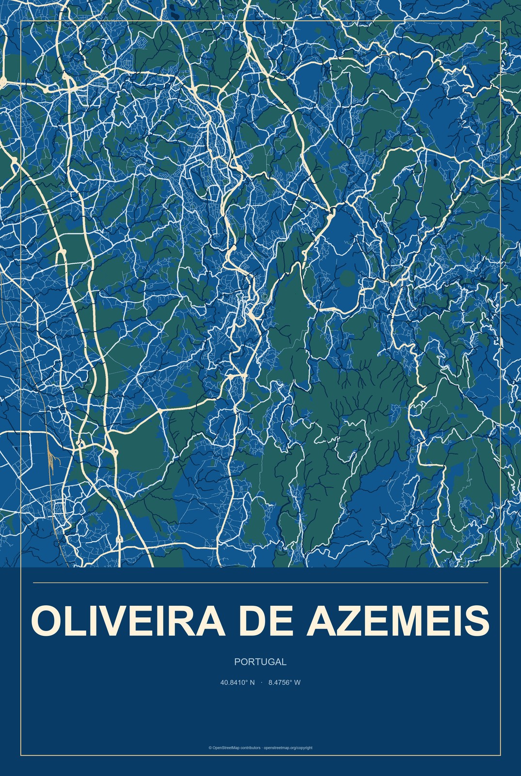Oliveira de Azemeis, Portugal City Map Aluminum Sign in Harbor Cobalt style