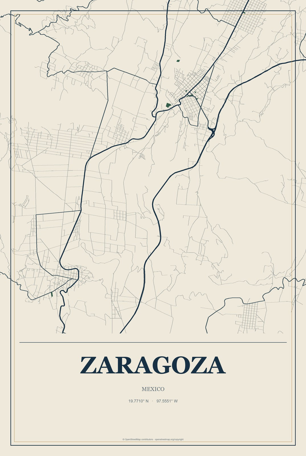 Zaragoza, Coahuila, Mexico City Map Aluminum Sign in Coastal Cutout style