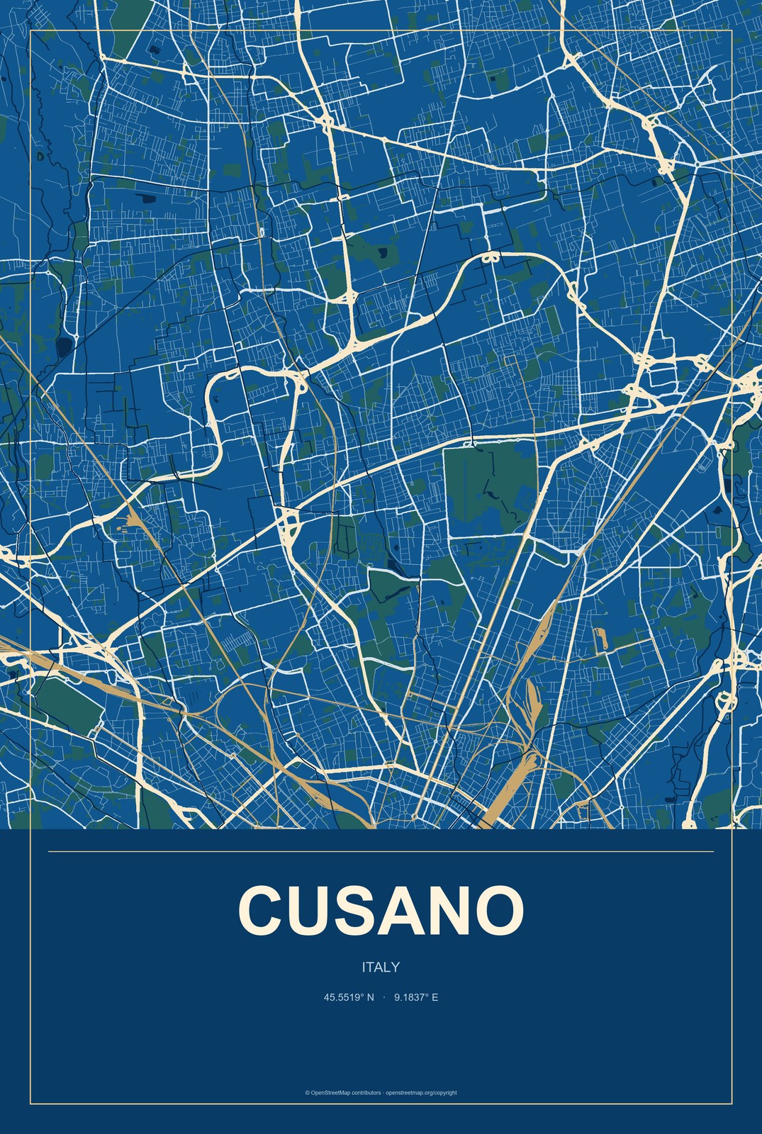 Cusano, Italy City Map Aluminum Sign in Harbor Cobalt style