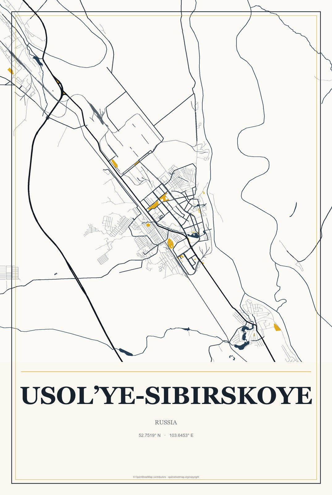 Usol’ye-Sibirskoye, Russia City Map Aluminum Sign in Citrine Modern style