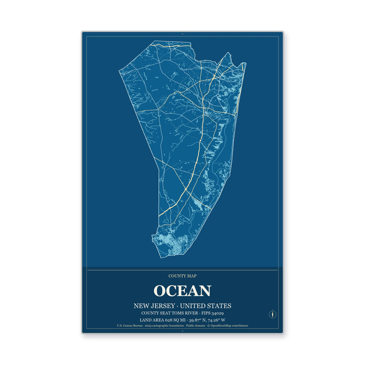 Ocean County, New Jersey Map Aluminum Sign in Harbor Cobalt style