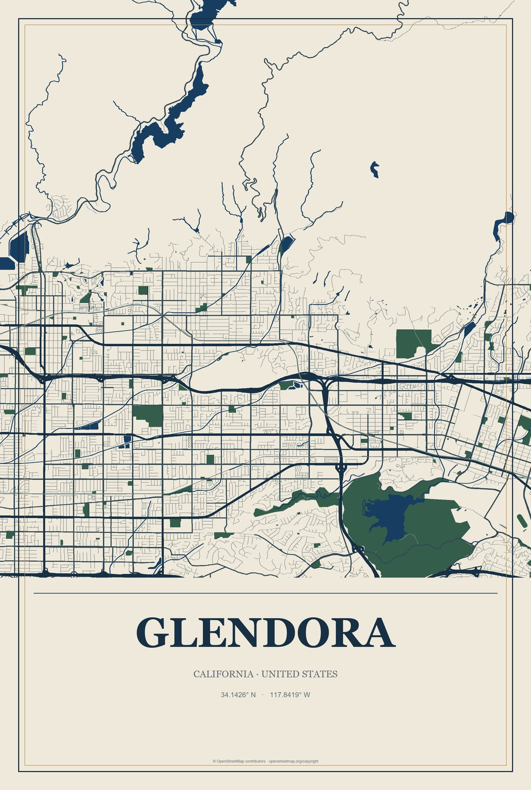 Glendora, California City Map Aluminum Sign in Coastal Cutout style