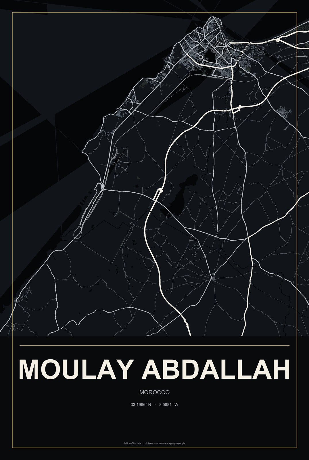 Moulay Abdallah, Morocco City Map Aluminum Sign in Metropolitan Noir style
